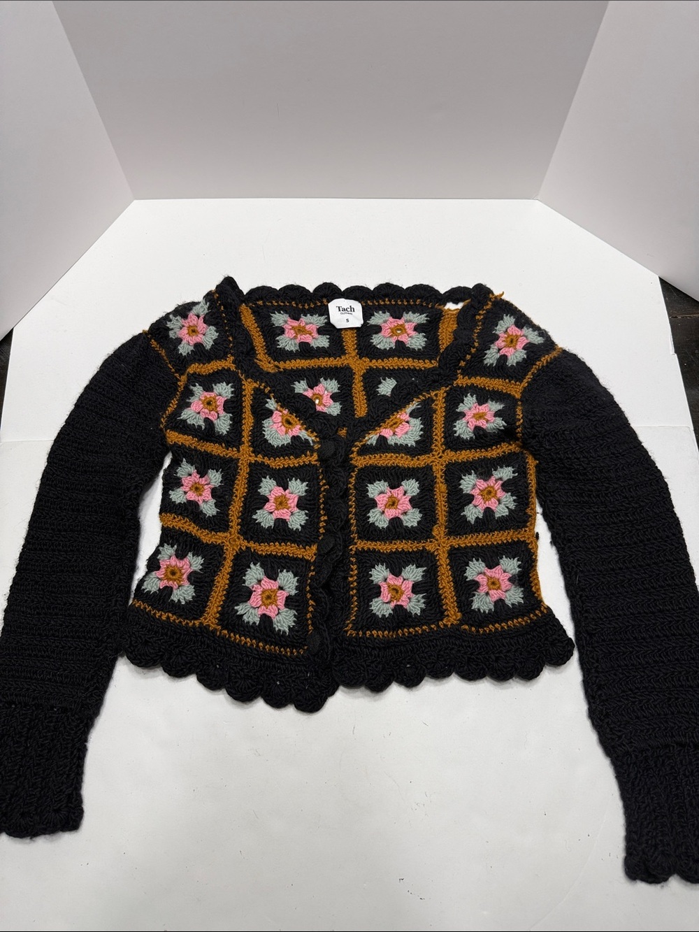 TACH Black Crochet Cardigan with Pink Floral Squares and Brown Trim